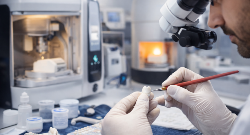 Técnico dental trabajando con microscopio